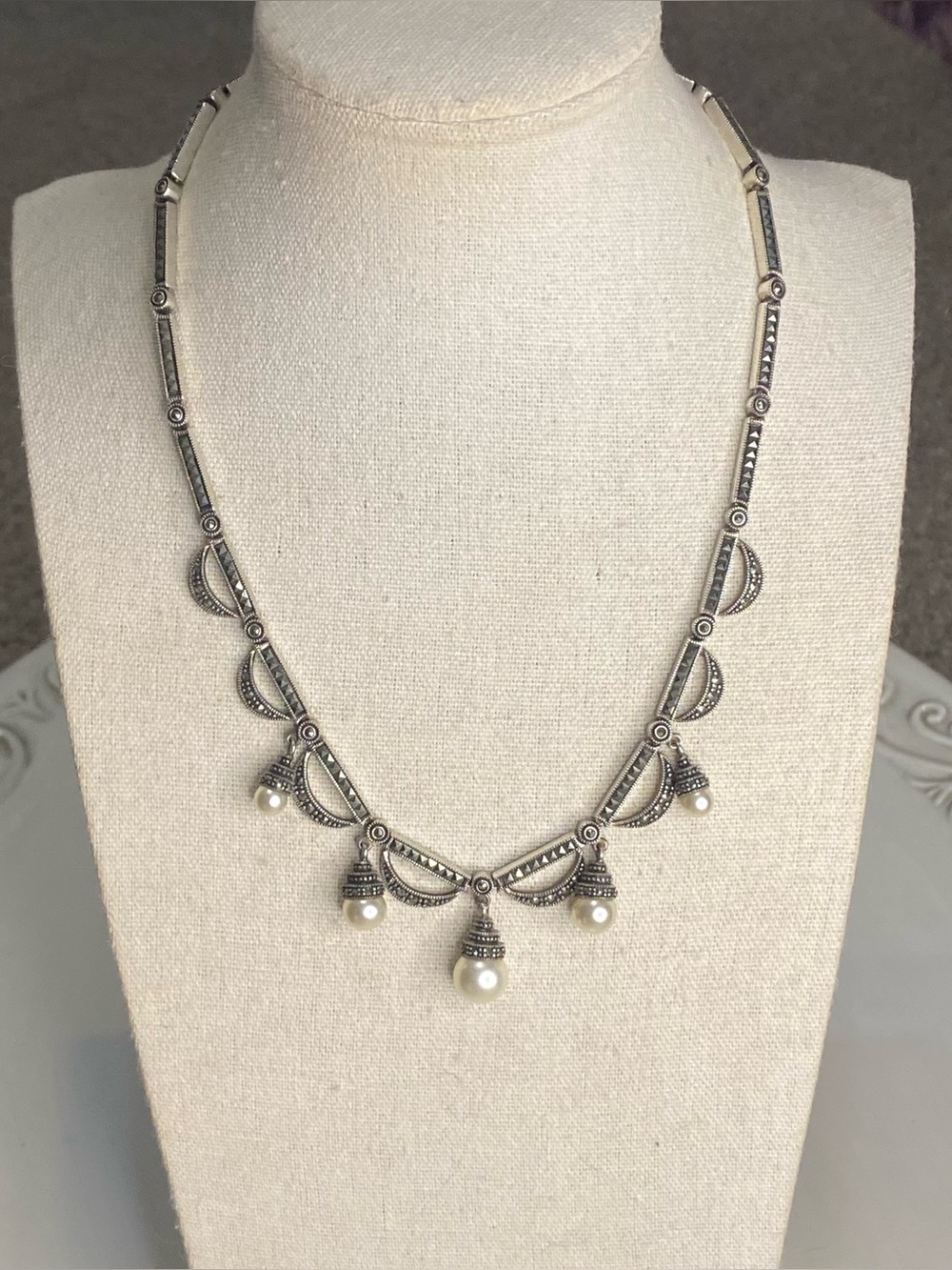 Sterling Silver Marcasite Faux Pearl Dangle Necklace 925